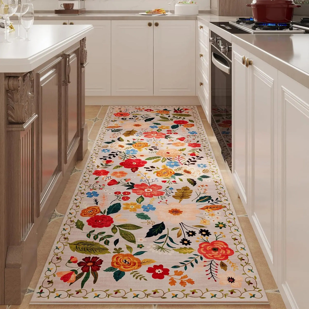 Non-Slip Runner with Floral Pattern, Washable Polyester, Rubber Backing, Hallway, Kitchen, Entryway, Living Room Decorative | Sansoti