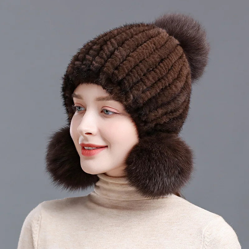 Gebreide Bontmuts met Pompom voor Dames Wintermuts Warm Oorwarmers Spiraalpatroon Luxe Winteraccessoire | Sansoti