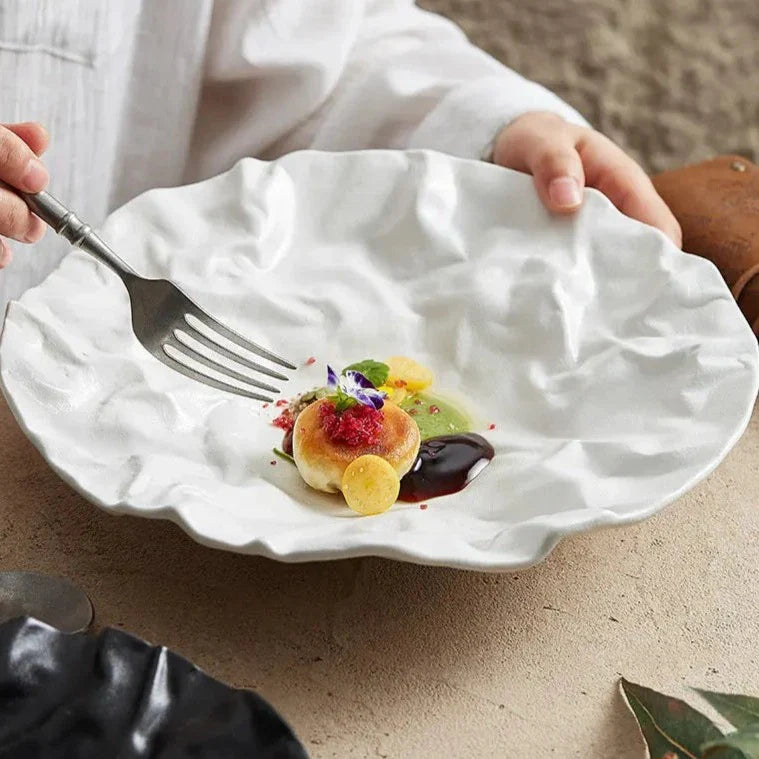 Ceramic Bowl with Tide Ripple Effect White Black Coastal Tableware 23cm 28cm | Sansoti