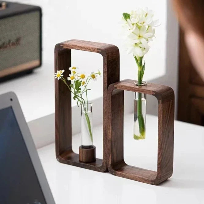 Glass Plant Vase with Wooden Stand for Cuttings and Hydroponics | Sansoti