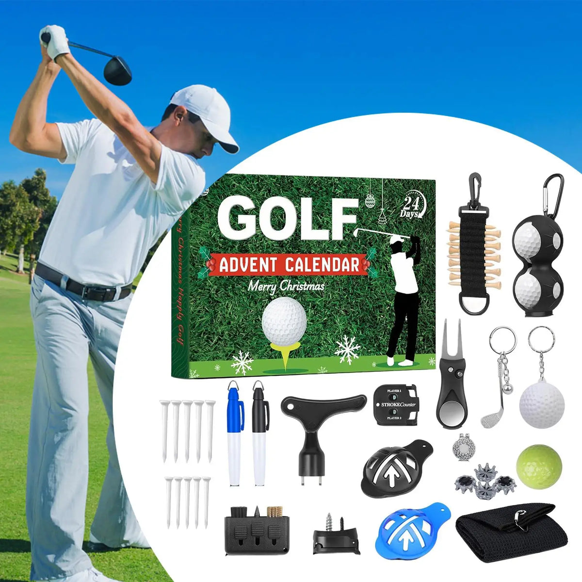Adventskalender mit 24 Golfaccessoires für Liebhaber – Jeden Tag eine Überraschung, Weihnachts-Golfgeschenk-Kalender | Sansoti