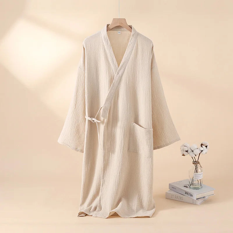 Kimono Cotton Bathrobe Women Men Unisex Thin Woven Morning Robe Long Sleeve Dressing Gown for Wellness Sauna Spa | Sansoti