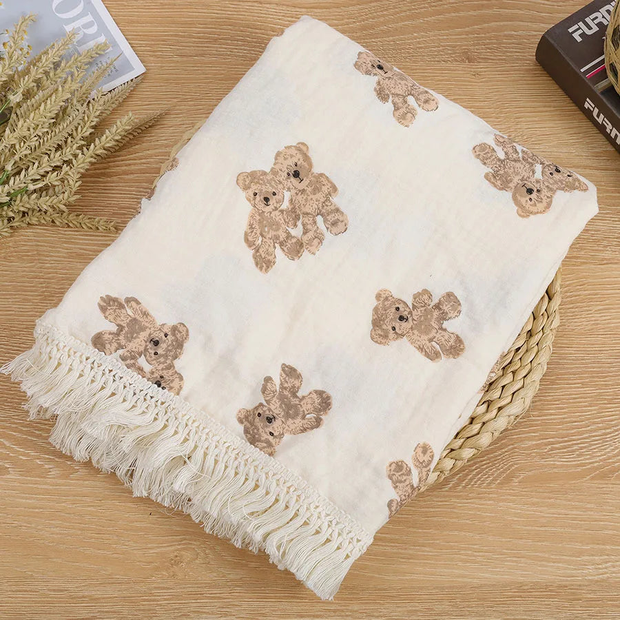 Babydecke aus Musselin-Baumwolle, quadratisch, Bärenmotiv, Wiege, Pucktuch, für Neugeborene, weiche Babydecke | Sansoti