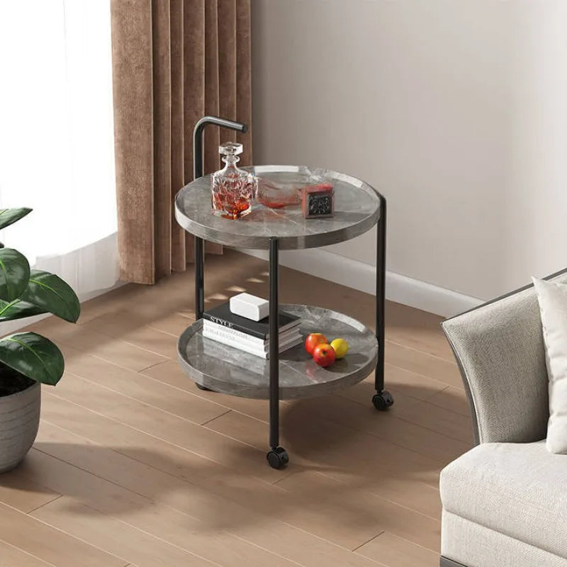 Rolling Side Table Wood Two-Tier Round 40cm Living Room Bedroom Wheels Compact Design Serving Storage | Sansoti