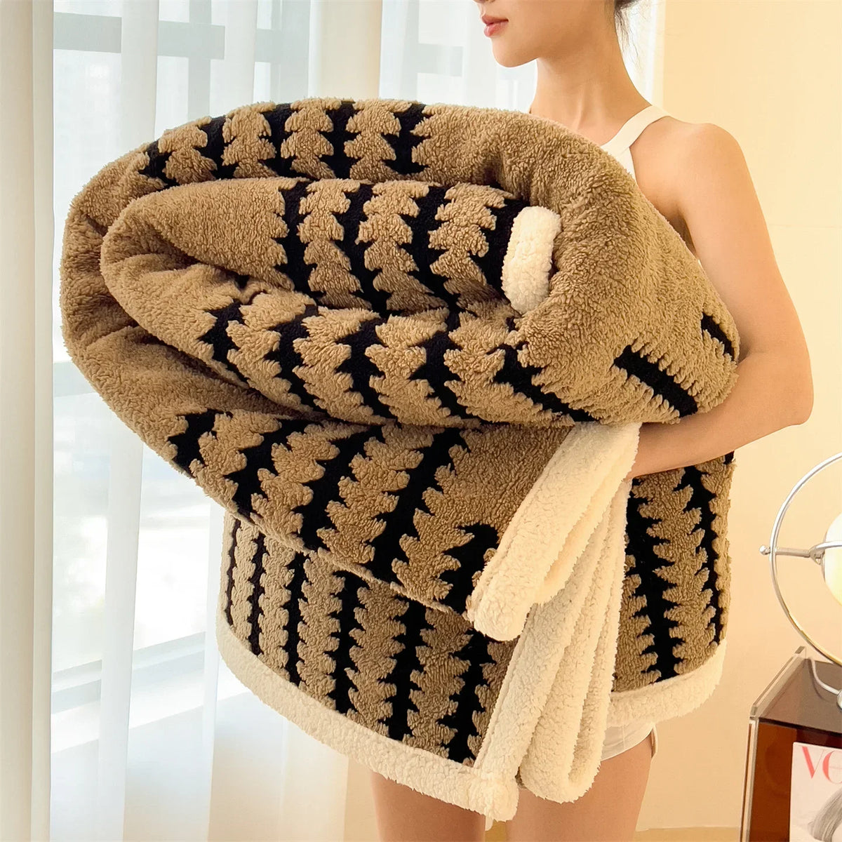 Couverture d’hiver réversible en polaire et fausse fourrure à motif géométrique, couverture chauffante pour lit ou canapé, plaid de salon | Sansoti