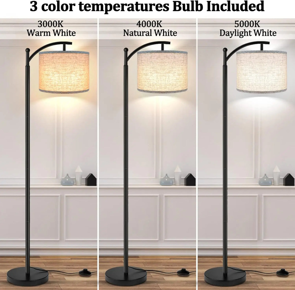 Bogen-Stehlampe mit Stoffschirm 3 Lichtfarben LED Modern Wohnzimmer | Sansoti