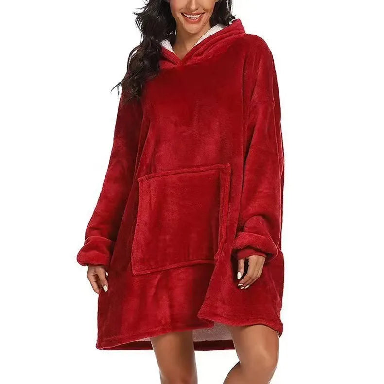Reversible Hoodie Blanket Fleece Wearable with Pocket Oversized House Robe Loungewear Comfortable Homewear | Sansoti