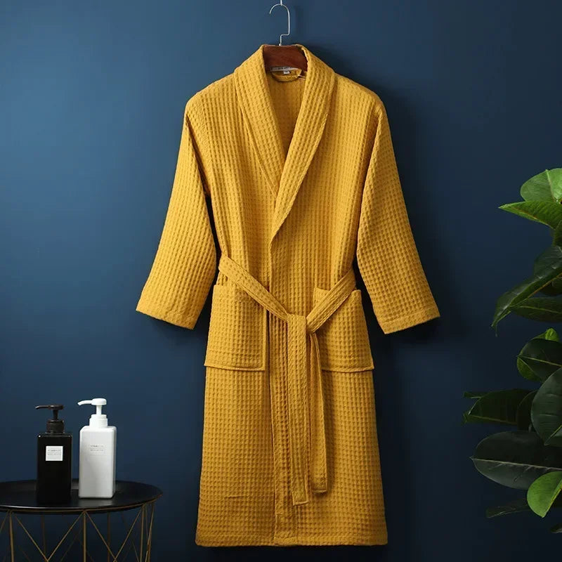 Waffle Cotton Bathrobe Spring Summer Lightweight Morning Robe Long Sleeves Spa Hotel Sauna Wellness Women Men | Sansoti