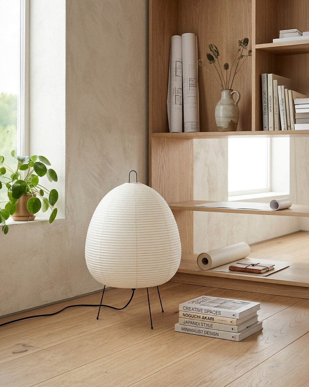 Japanese Table Lamp Sakura with Rice Paper & Tripod – Minimalist Design Warm White Light – Ø28cm H48cm | Sansoti