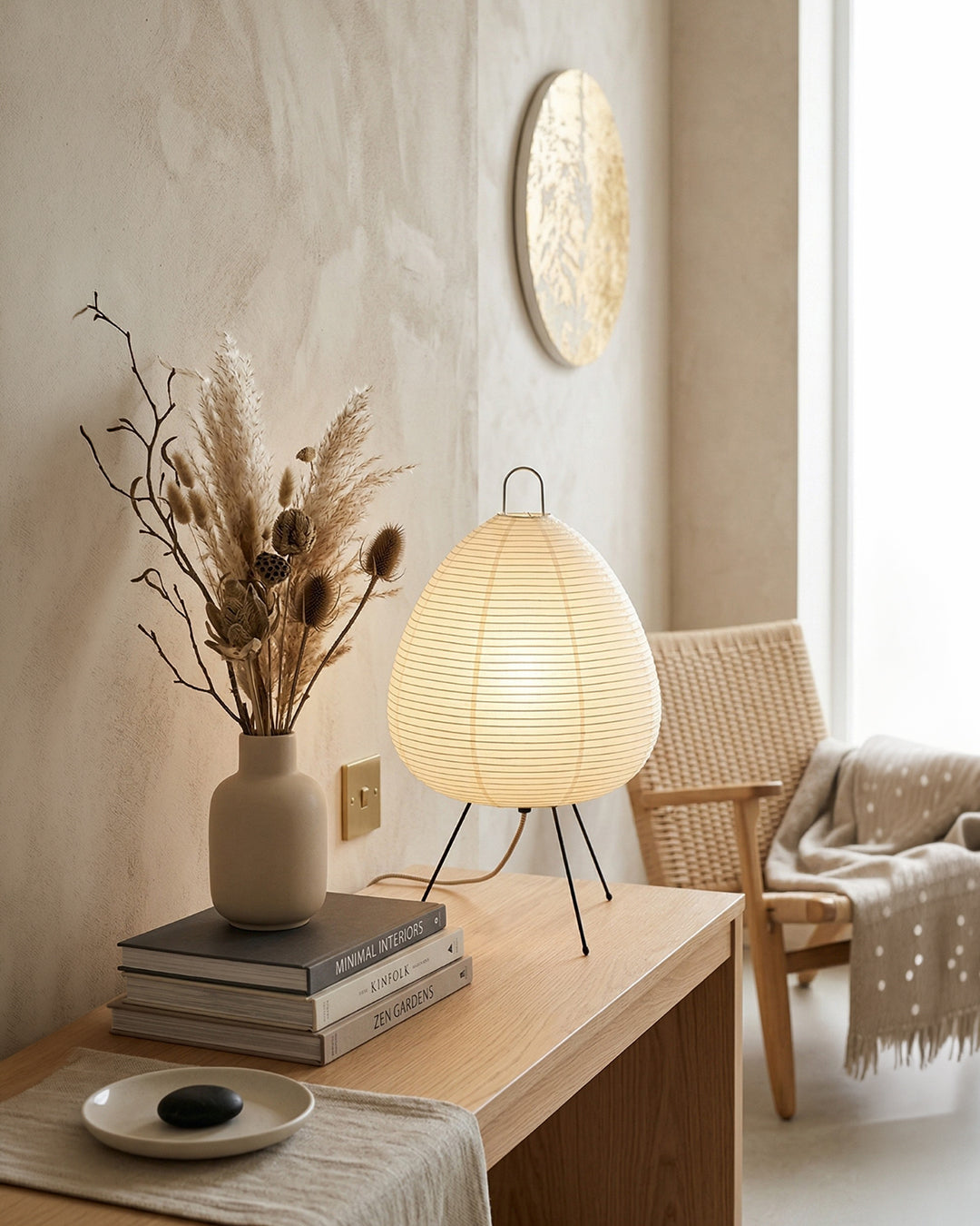 Japanese Table Lamp Sakura with Rice Paper & Tripod – Minimalist Design Warm White Light – Ø28cm H48cm | Sansoti
