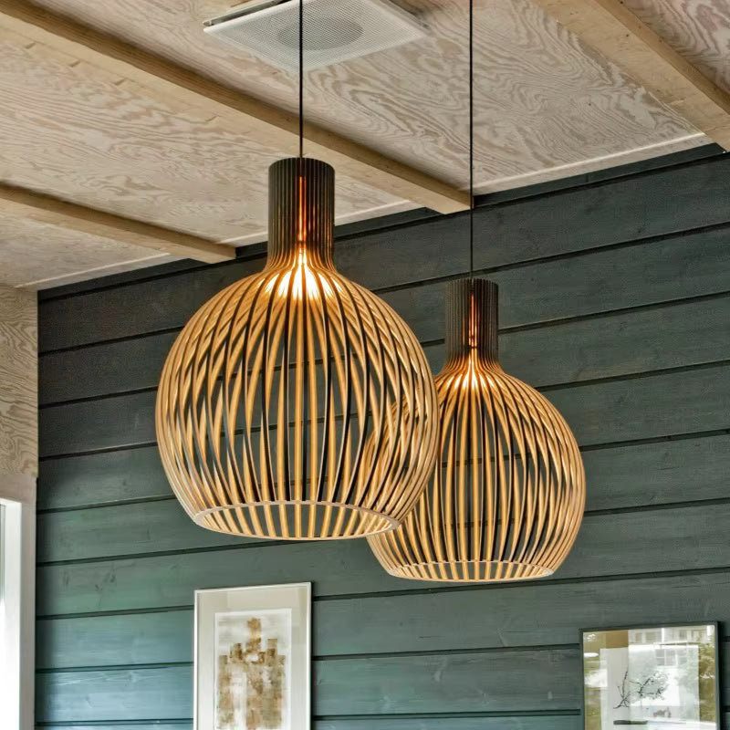 Organiczna drewniana lampa wisząca w kształcie kuli, czarna, z fakturą drewna, 35 cm, 45 cm | Sansoti