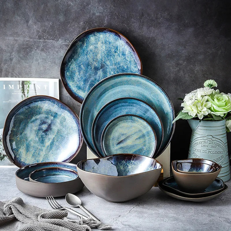 Service de vaisselle 11 pièces en porcelaine turquoise émaillée fait main rustique assiettes bols assiettes à dîner assiettes à dessert | Sansoti