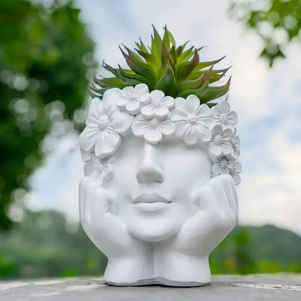 Pot de fleurs visage de femme Résine Blanc 15cm Sculpture décorative Salon Jardin Intérieur Extérieur Pot de plante Visage | Sansoti