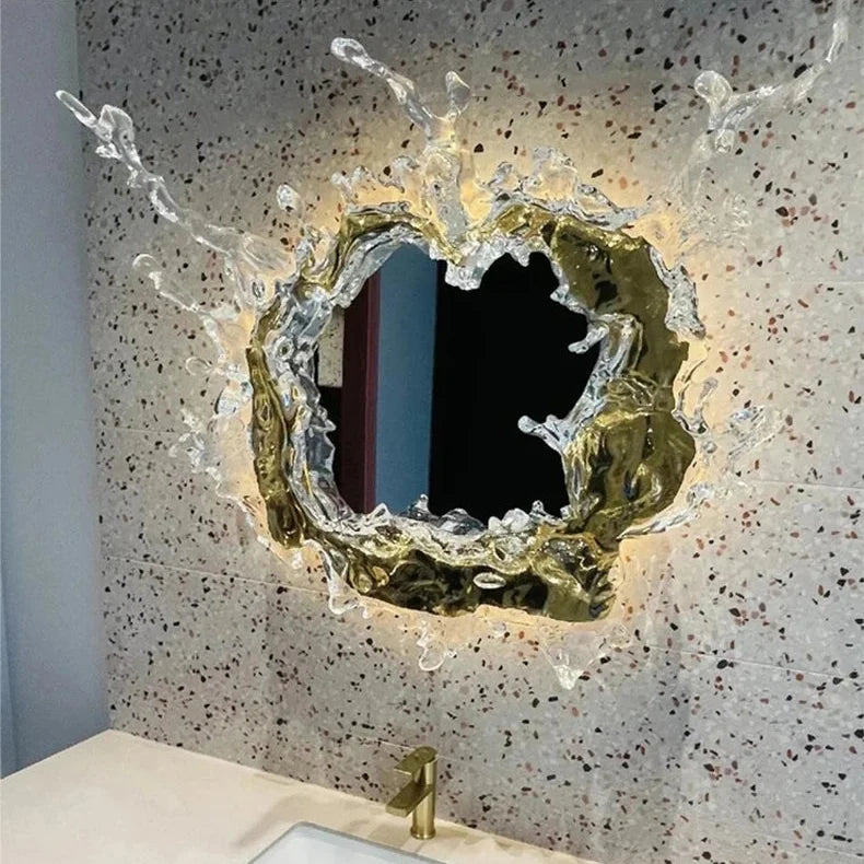 Wandlampe Spiegel mit wellenförmigem Wassereffektglas in Gold und Silber, LED-Beleuchtung für Badezimmer, Schlafzimmer und Flur, modern | Sansoti