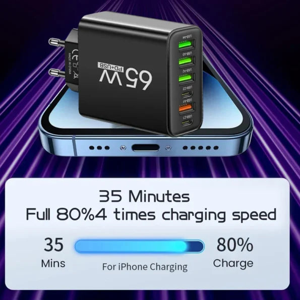Chargeur USB universel 65W 6 ports noir, blanc, jaune, multi-appareils pour bureau, maison, voyage | Sansoti