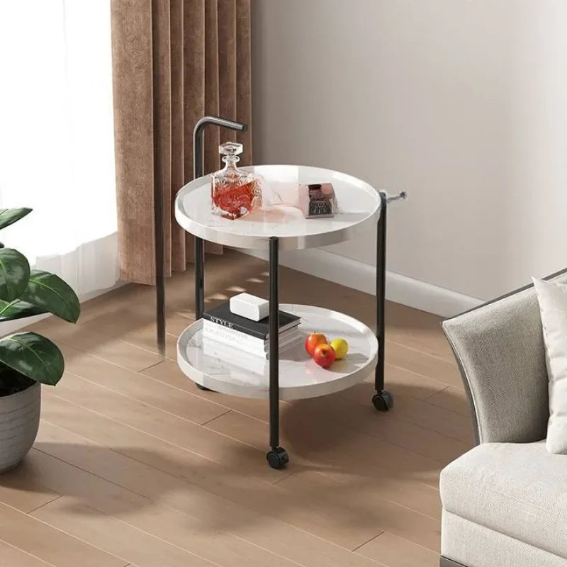 Rolling Side Table Wood Two-Tier Round 40cm Living Room Bedroom Wheels Compact Design Serving Storage | Sansoti
