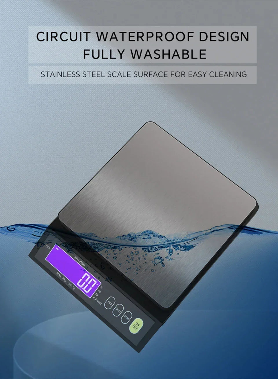 Digital Kitchen Scale Stainless Steel Waterproof 10kg Precision Baking Cooking Portioning Rechargeable LCD Display | Sansoti