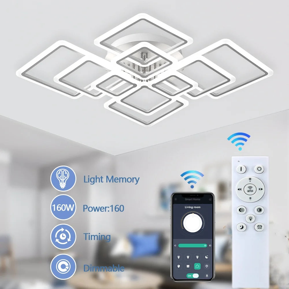 LED-Deckenlampe Dimmbar Quadratisch Acryl Weiß Fernbedienung Wohnzimmer Schlafzimmer Modern 35W-160W Deckenleuchte Arbeitszimmer | Sansoti