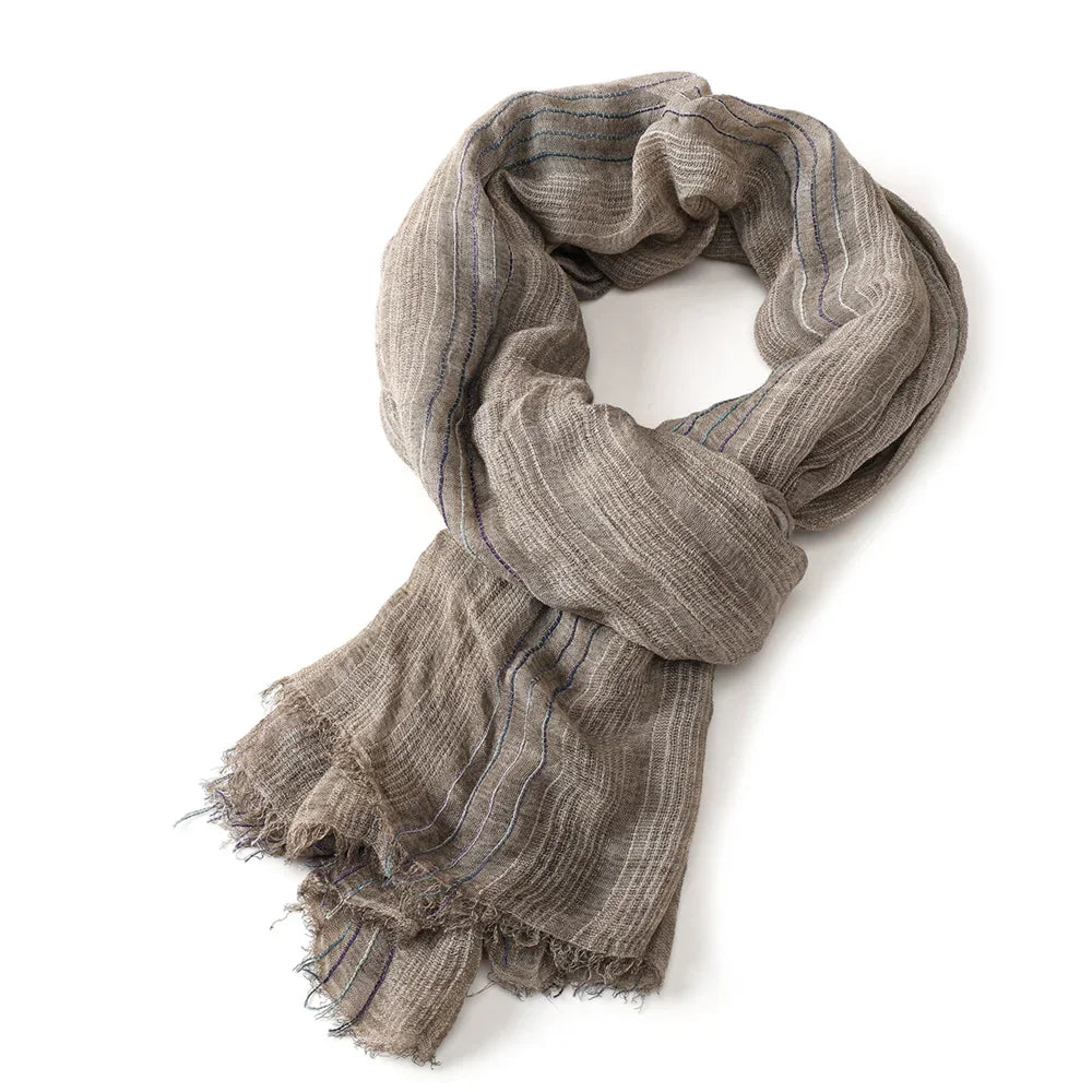 Gestreifter Baumwoll-Leinen-Schal für Herren mit Fransen, Herbst-Winter-Halstuch, Unisex, warmes, modisches Accessoire | Sansoti