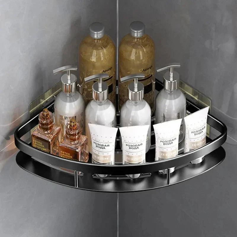 Aluminum corner shelf for shower and bathroom without drilling with strong adhesive pad black silver | Sansoti