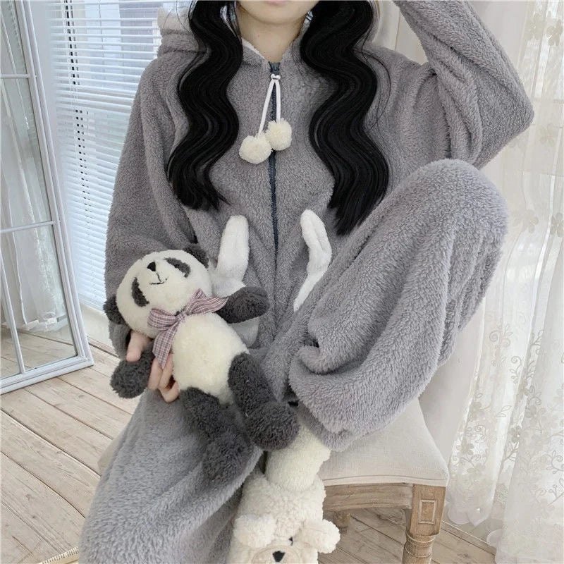 Onesie Huispak met Capuchon en Oortjes Warm Fluweel Loungewear Dames Heren Winter Slaapkleding Relaxkleding | Sansoti
