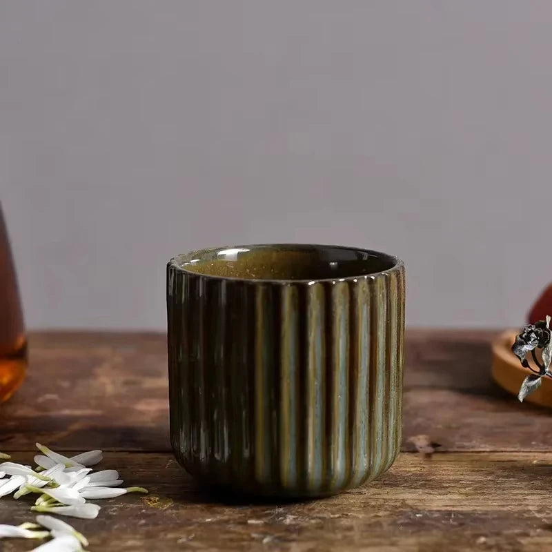 Japandi Tea Cup Ceramic Striped Retro Japanese Style Coffee Mug Sake Cup Porcelain Tea Cup Wine Mug Household Afternoon Tea | Sansoti
