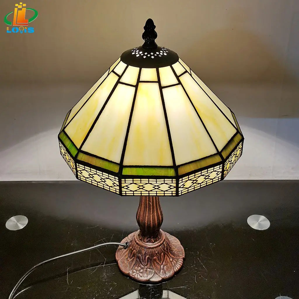 Lampe de table Tiffany verre teinté 22 cm vert géométrique salon bureau chambre vintage lampe de nuit lampe de chevet lampe d'ambiance E27 | Sansoti