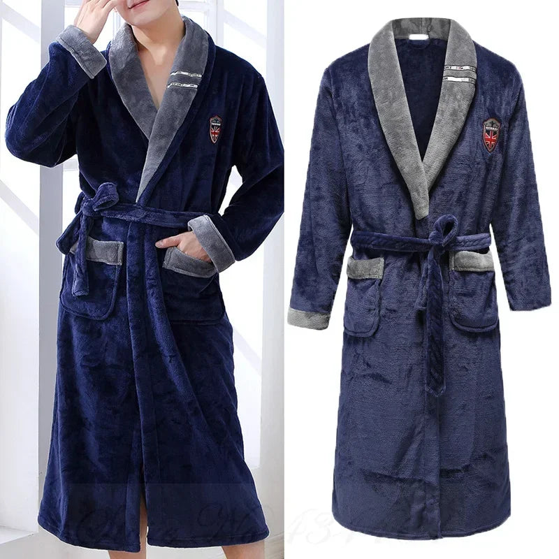 Zachte Fleece Herenbadjas Kimono Stijl Lang Model voor Herfst Winter Lounge Thuiskleding Comfortabel | Sansoti