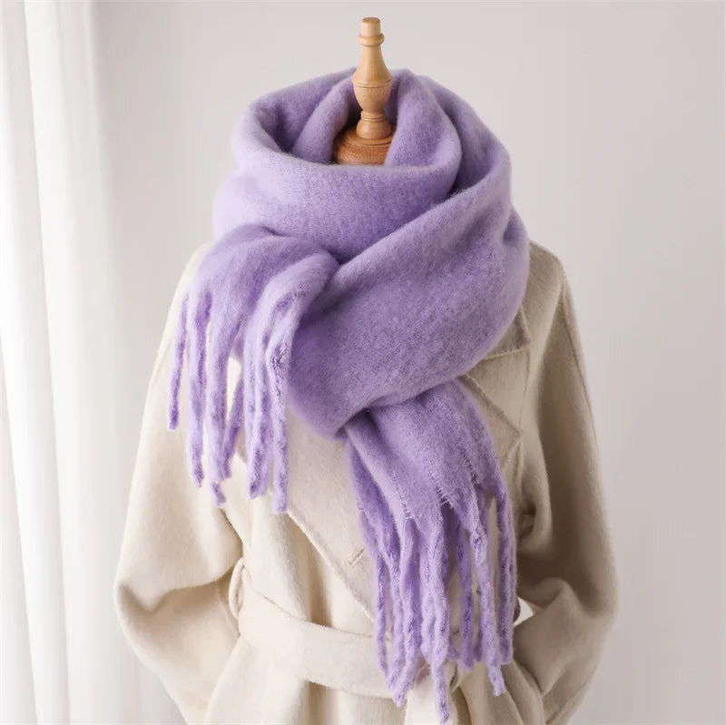 Warmer Winterschal für Damen 240x38cm im dicken Woll-Look, Schultertuch mit Fransen, weicher Strickschal gegen Kälte | Sansoti