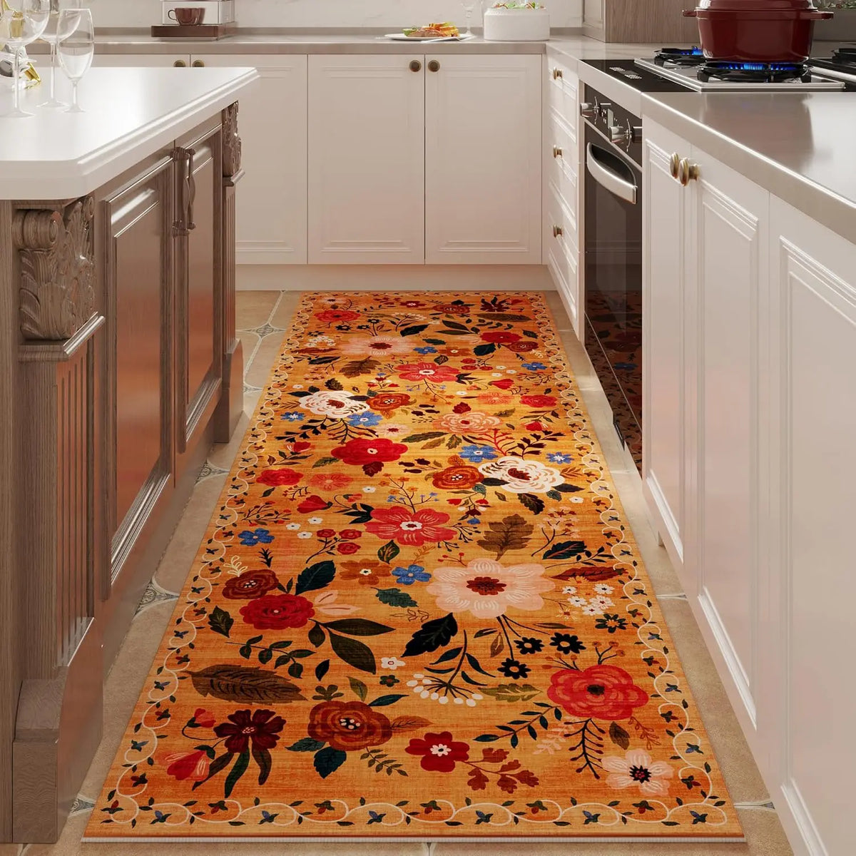 Non-Slip Runner with Floral Pattern, Washable Polyester, Rubber Backing, Hallway, Kitchen, Entryway, Living Room Decorative | Sansoti