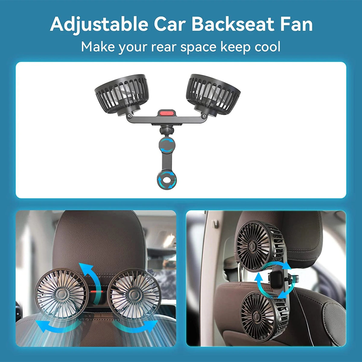 Portable Car Fan with Dual Heads 360° Adjustable USB Rechargeable 3 Speeds Headrest Neck Cooler for Car Home Camper | Sansoti