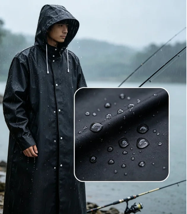 Imperméable de pluie extra-long unisexe noir avec capuche pour les activités de plein air, la randonnée, la pêche, le vélo et le camping | Sansoti