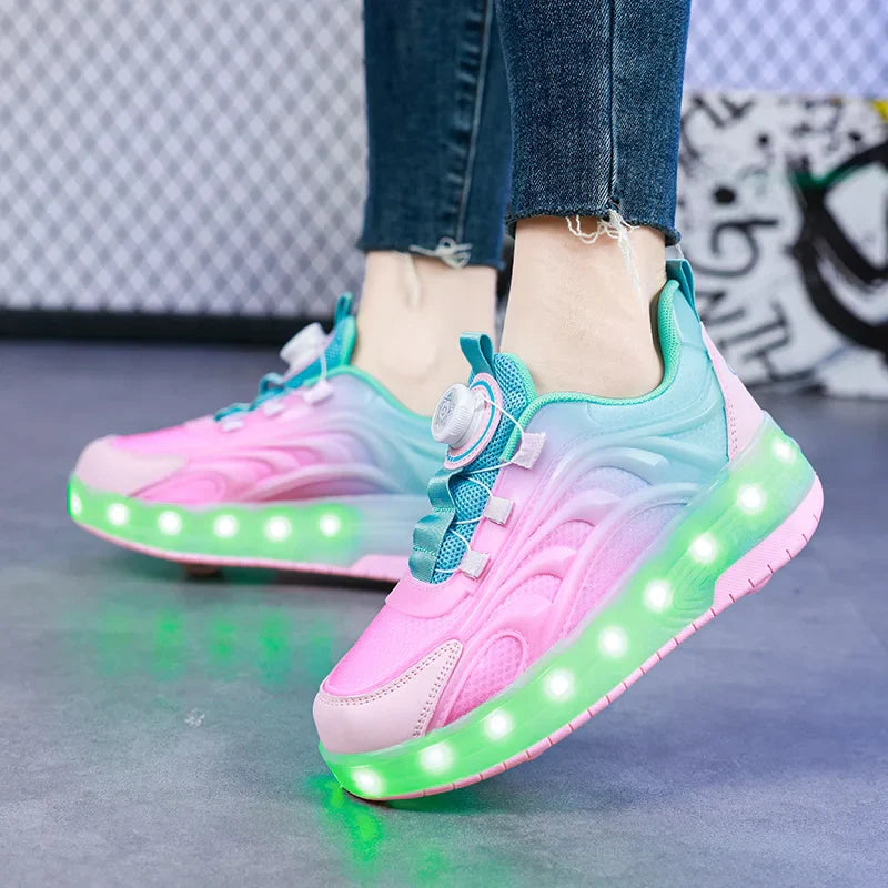 LED roller skate shoes USB rechargeable pink blue kids sneakers with wheels light-up skates for outdoor boys girls | Sansoti