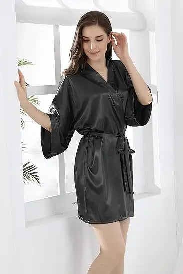 Satijnen Kimono Ochtendjas Dames Korte Mouw Marineblauw Zijdezachte Loungewear Kamerjas Nachtkleding Badjas | Sansoti