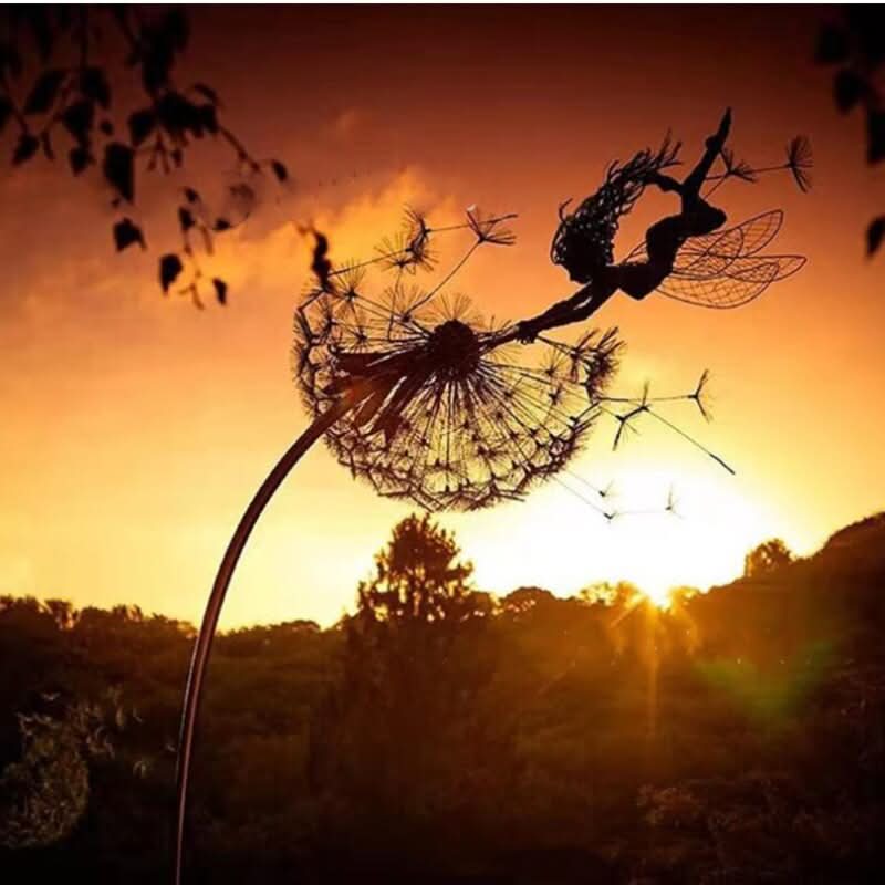 Metalen Feeën Tuinornament met Paardenbloem 60cm Hoogte Decoratief Sculptuur voor Tuin Terras Buitendecoratie | Sansoti
