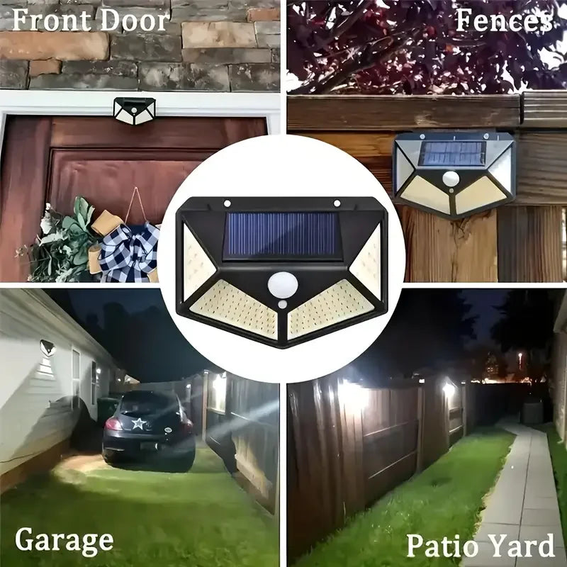 Solar-Powered Outdoor Wall Light 100 LED Motion Sensor Waterproof IP65 Black Security Lighting Garden | Sansoti