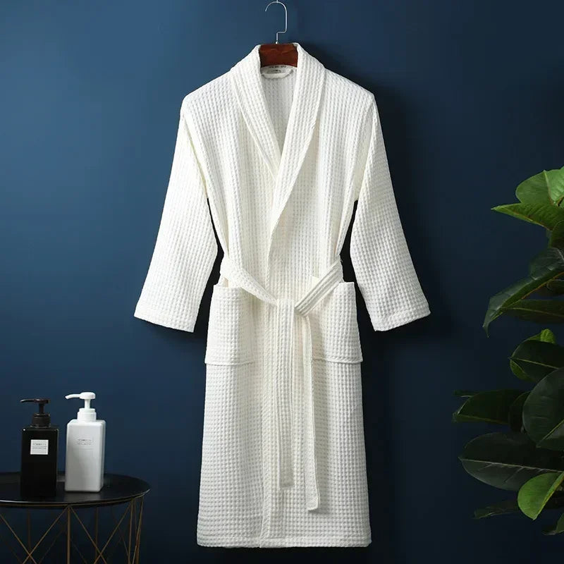 Waffle Cotton Bathrobe Spring Summer Lightweight Morning Robe Long Sleeves Spa Hotel Sauna Wellness Women Men | Sansoti