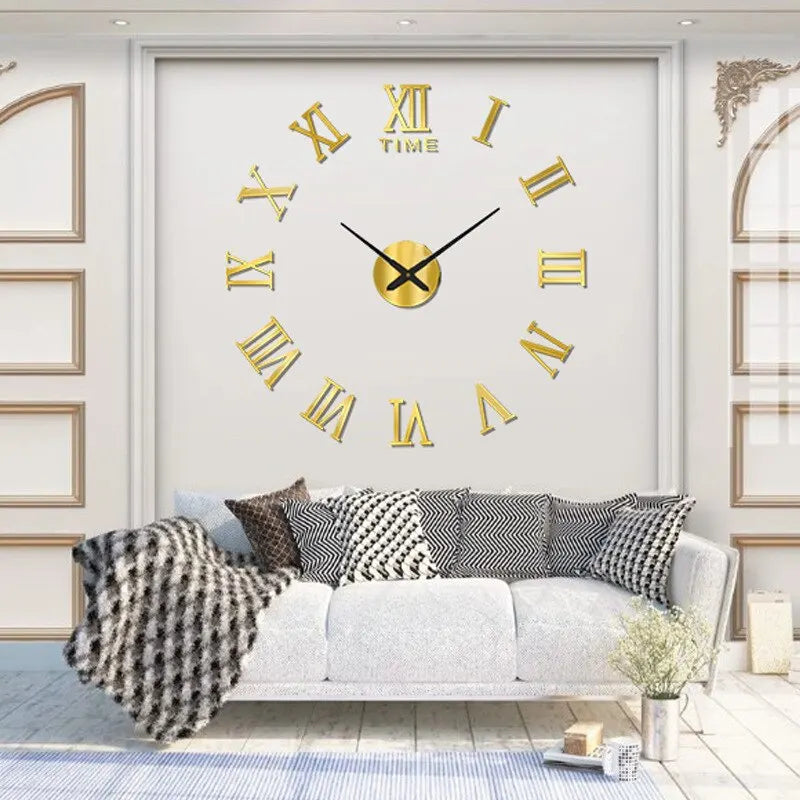 3D Wall Clock Acrylic Roman Numerals 40cm Silver Black Gold DIY Self-adhesive Clock Living Room Bedroom Large Format Wall Decoration | Sansoti