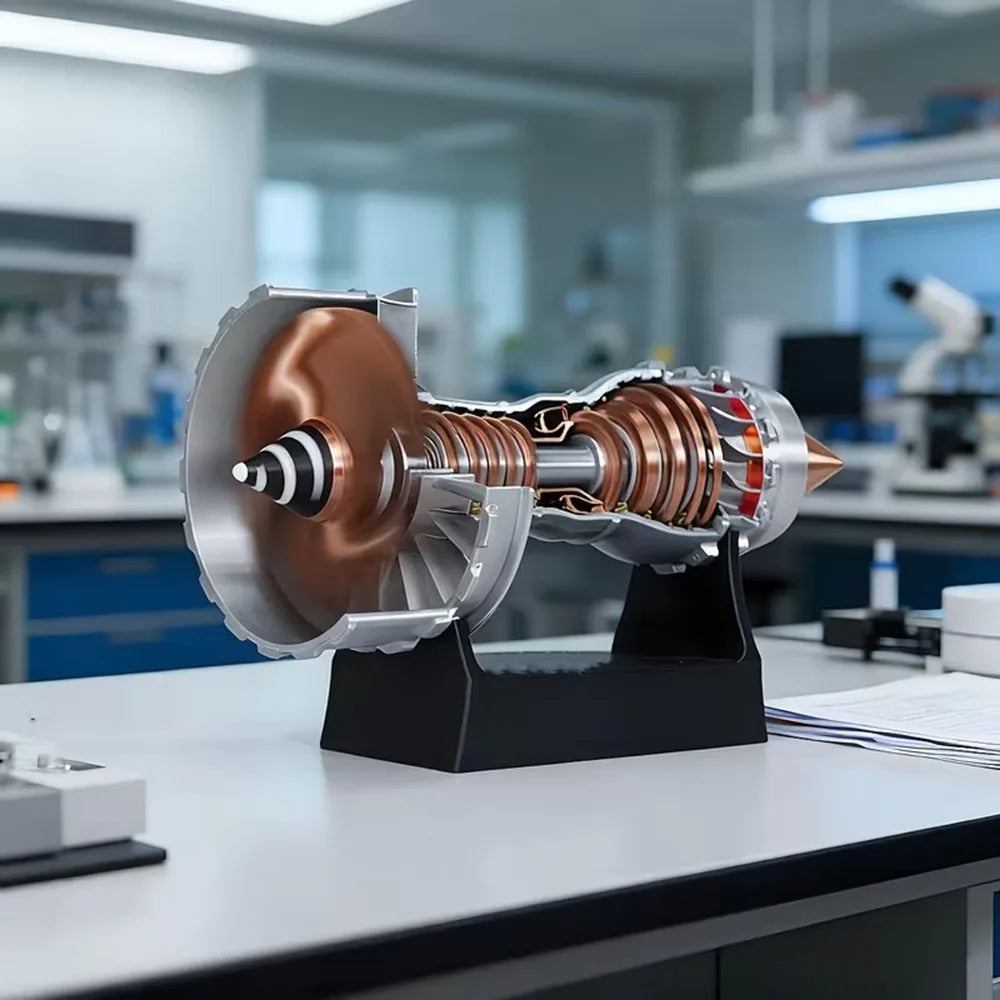 Detailed turbofan jet engine model 3D-printed on a black stand, aviation gift display for the office | Sansoti