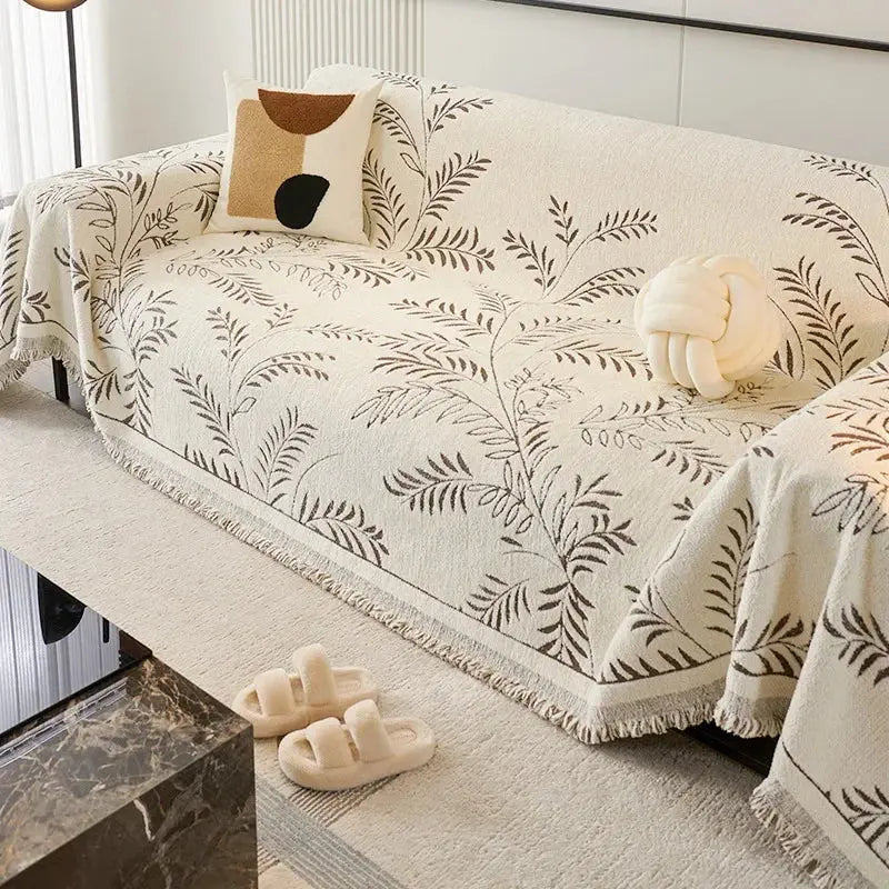 Chenille Jacquard Sofa Protector with Leaf Pattern – Non-Slip Sofa Cover Protection | Sansoti