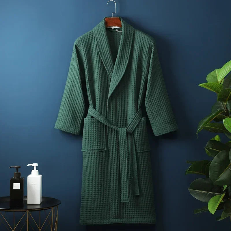 Waffle Cotton Bathrobe Spring Summer Lightweight Morning Robe Long Sleeves Spa Hotel Sauna Wellness Women Men | Sansoti