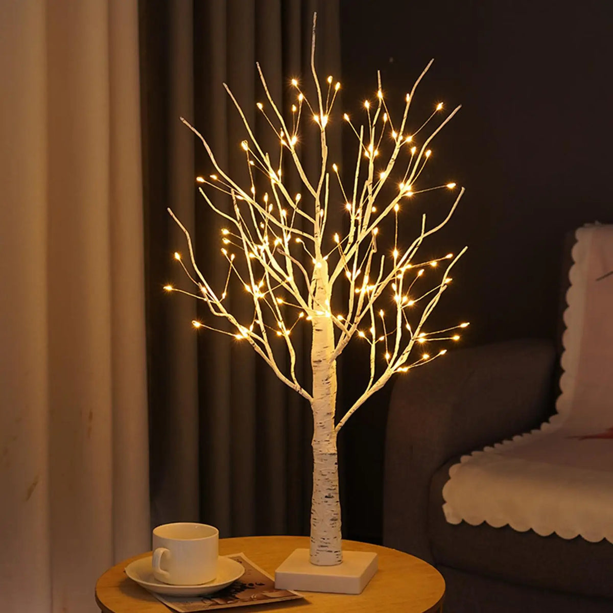Decorative Birch Wood Light Tree with LED Lighting 60 cm Warm Ambient Light Natural Tree Decoration for Living Room Bedroom | Sansoti