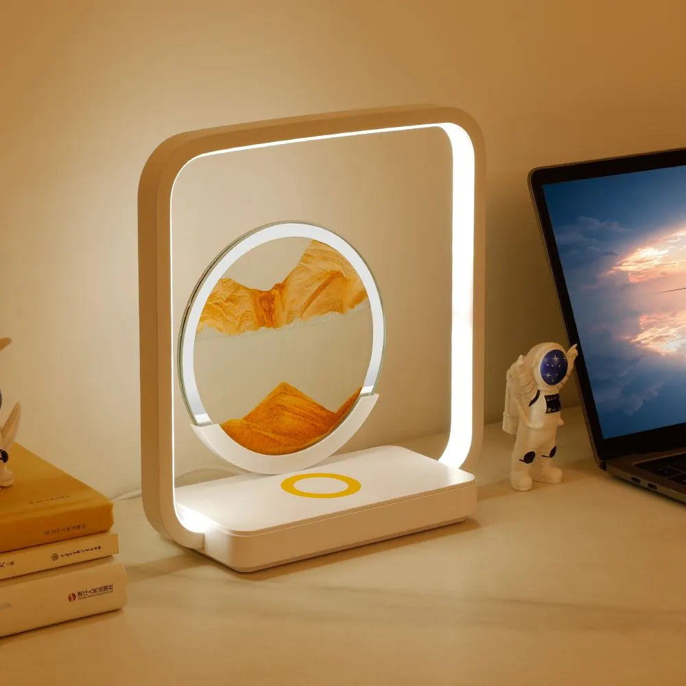 Sand Art Night Light with Wireless Charging Spot – Gracefully Moving Sand & LED Lighting for Bedroom Desk Decoration | Sansoti