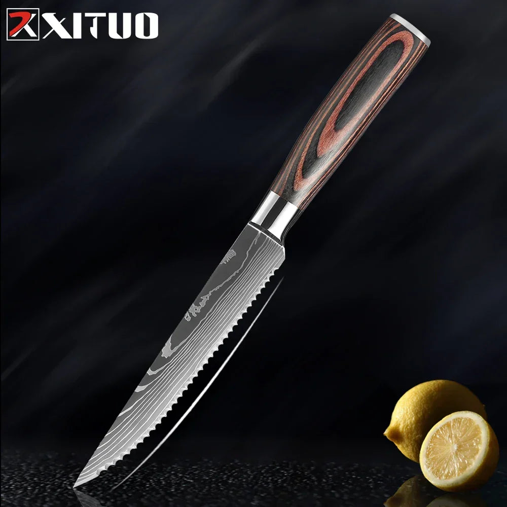 Professioneel Messenset RVS Koksmes Santoku Groentemes Houten Greep Keukengerei 1-9 Delig Keukenmes Set | Sansoti