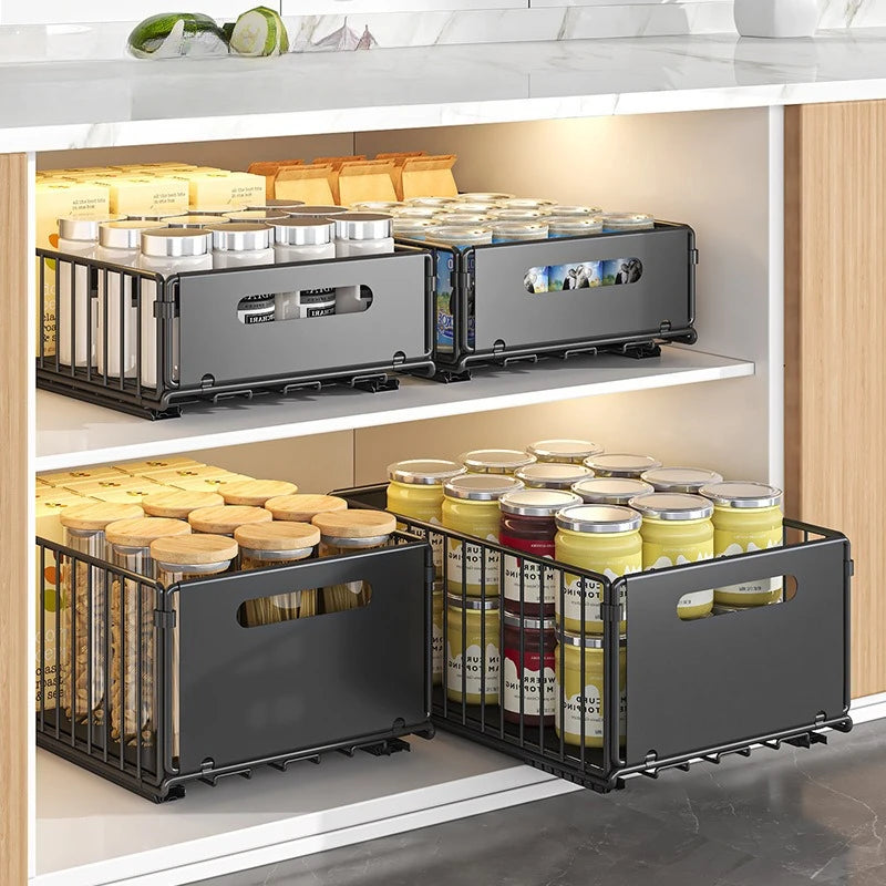 Tiroir à épices extensible cuisine acier au carbone 37,5cm noir Organisateur d’armoire Tiroir à épices extractible Bac de rangement profond | Sansoti