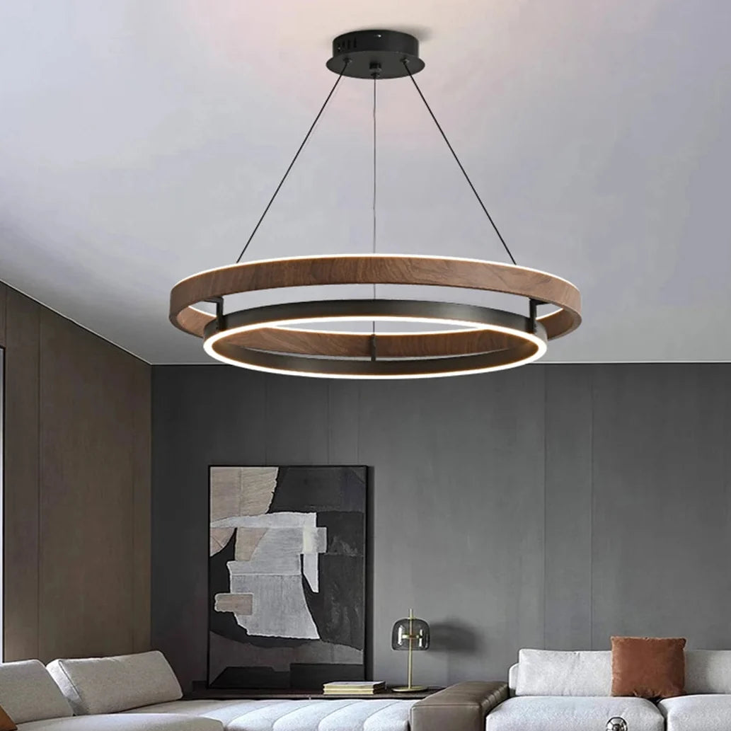 Round Chandelier Metal Wood-Look Scandinavian Modern Pendant Light Dimmable Living Room Dining Room Bedroom | Sansoti