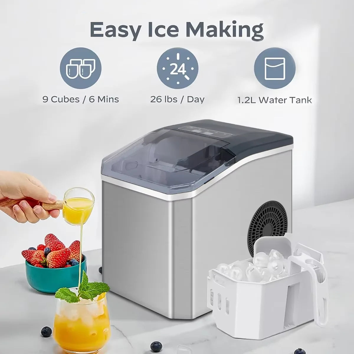 Eismaschine Automatisch Edelstahl 110W 15kg pro Tag Küche Bar Büro Selbstreinigend Eiswürfelmaschine 2 Größen Schnell 9 Würfel | Sansoti