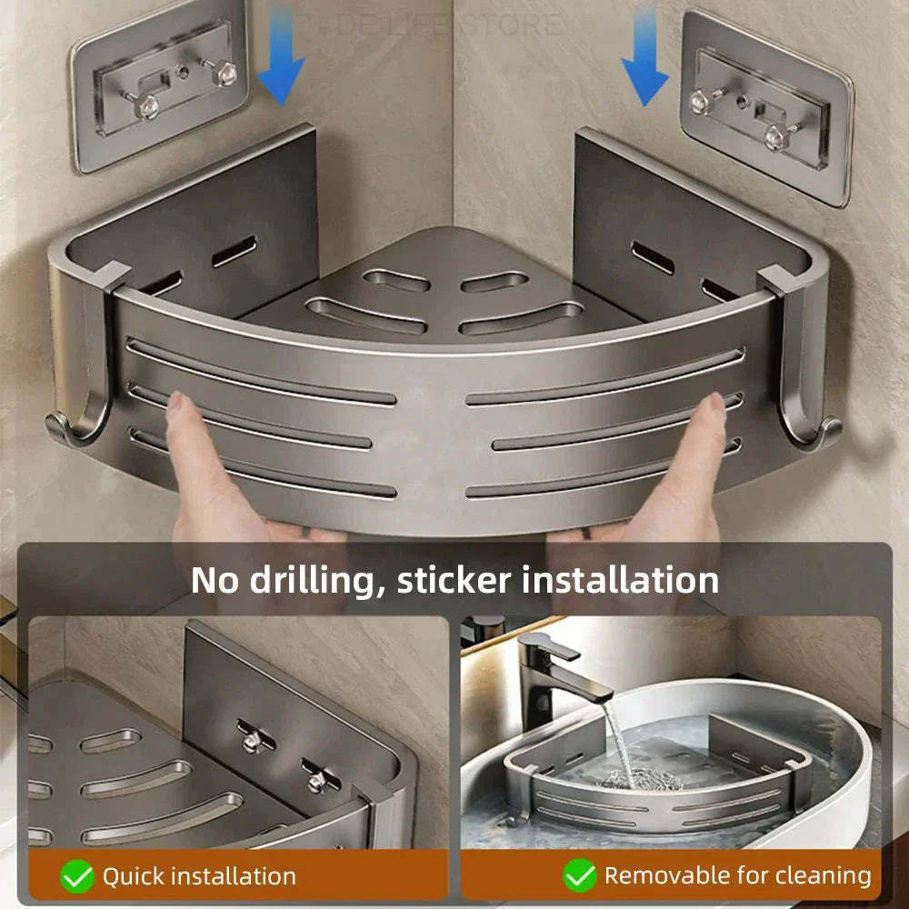 Adjustable Shower Rack Set 2-piece Aluminum No Drilling with Hooks Drain Grate Wall Mount | Sansoti