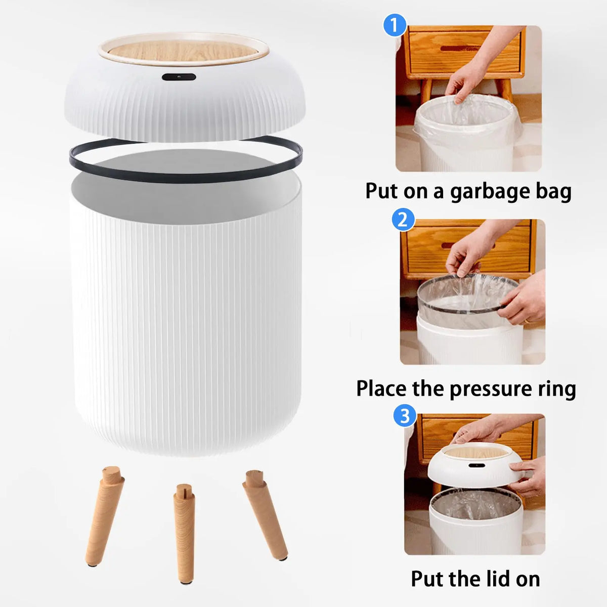 Trash Can Sensor Automatic 10L White Green Black Wooden Legs Living Room Bathroom 0.3s Infrared Lid Smart Garbage Bin Kitchen | Sansoti