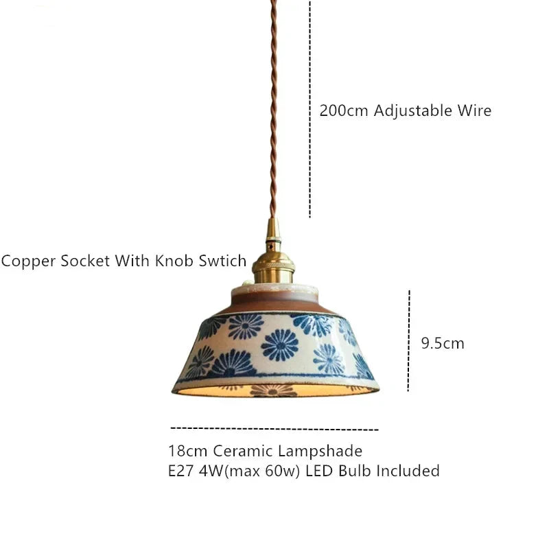 Pendant lamp for dining table ceramic hand-painted floral motif copper fitting E27 light source included 4 designs | Sansoti